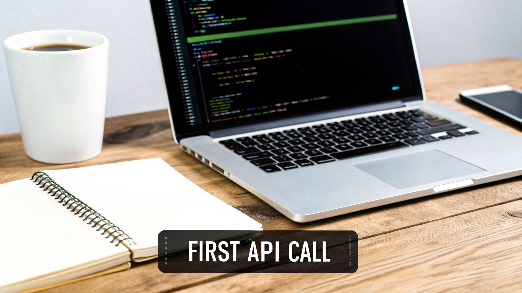 A programmer's desk with a laptop displaying code, a coffee cup, and a notebook, captioned 'First API Call'.