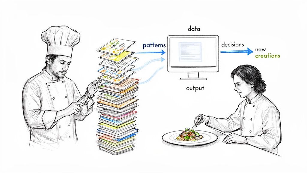 Illustration of chefs using data from recipes, processed by a computer to generate new culinary creations.