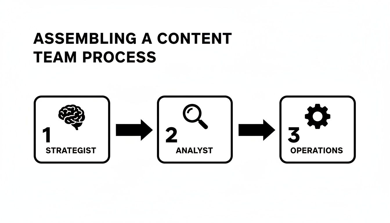 A flowchart illustrates the three-step process for assembling a content team: Strategist, Analyst, and Operations.