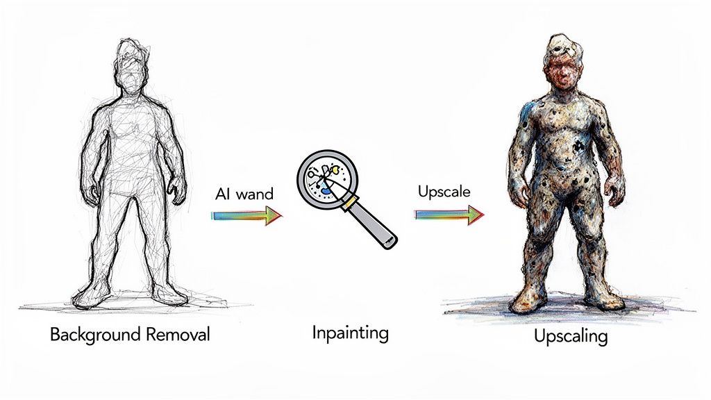 Diagram illustrating an AI image editing workflow: sketch to detailed figure via background removal, inpainting, and upscaling.