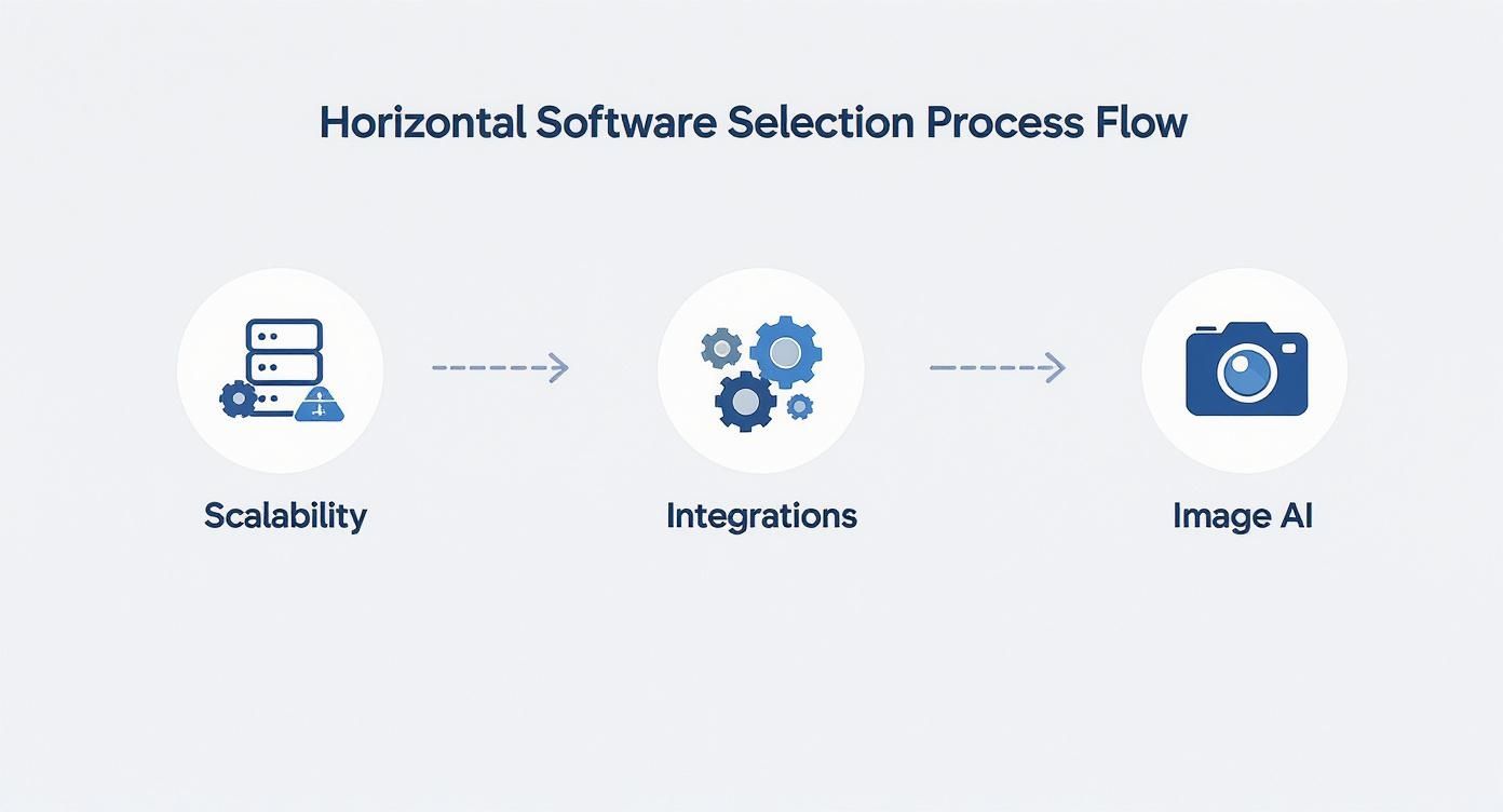 A diagram illustrating a horizontal software selection process flow with steps: Scalability, Integrations, and Image AI.
