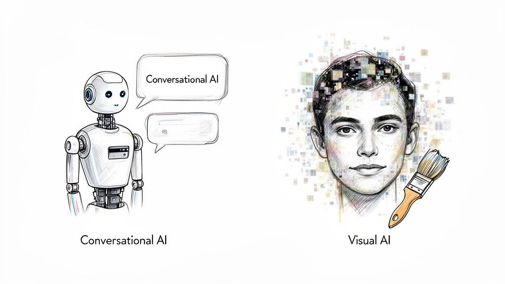 Illustration showing a robot representing Conversational AI and a human face with a paintbrush for Visual AI.