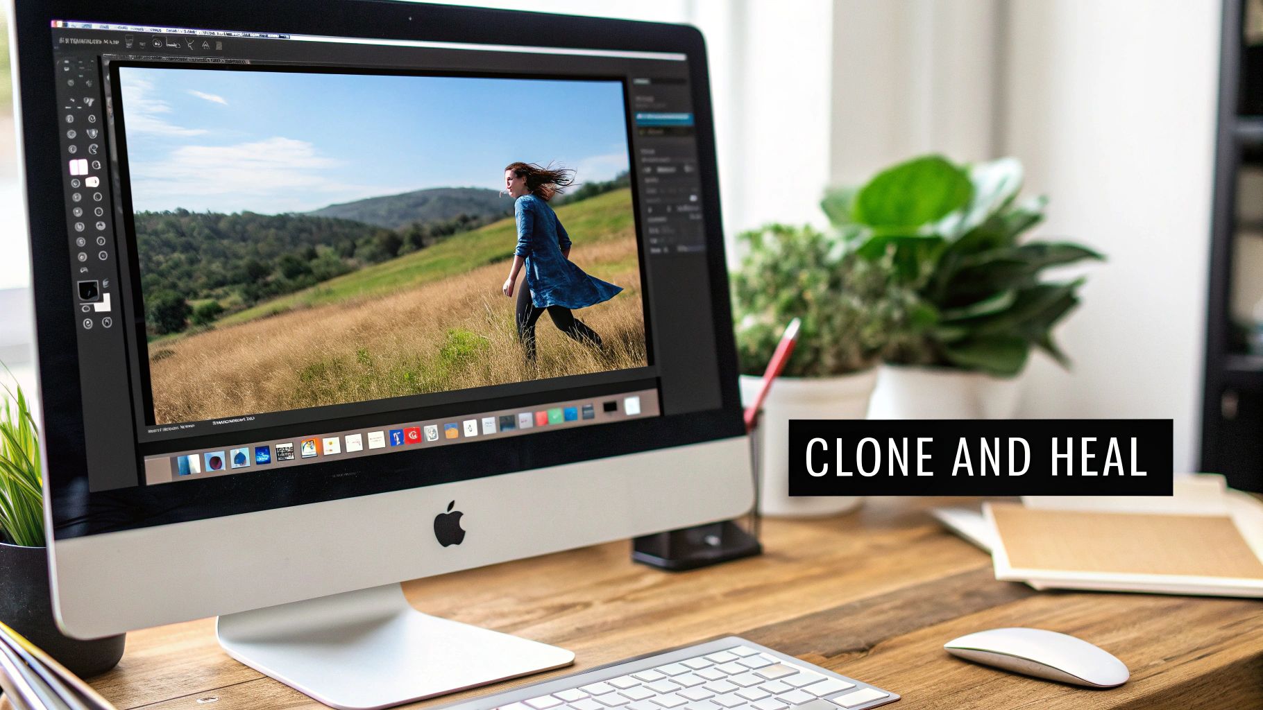 An Apple iMac displaying photo editing software with a woman walking in a field, and 'CLONE AND HEAL' text.
