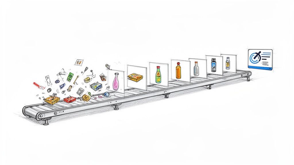 A conveyor belt illustrates messy items being transformed into organized product images, leading to a data analysis screen.