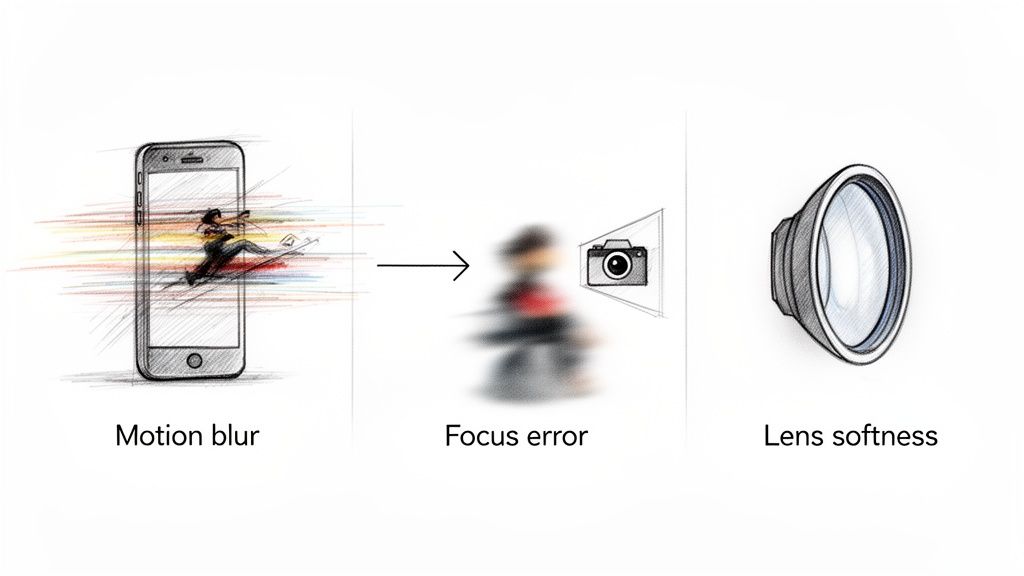 Three illustrations show common causes of blurry photos: motion blur, focus error, and lens softness.