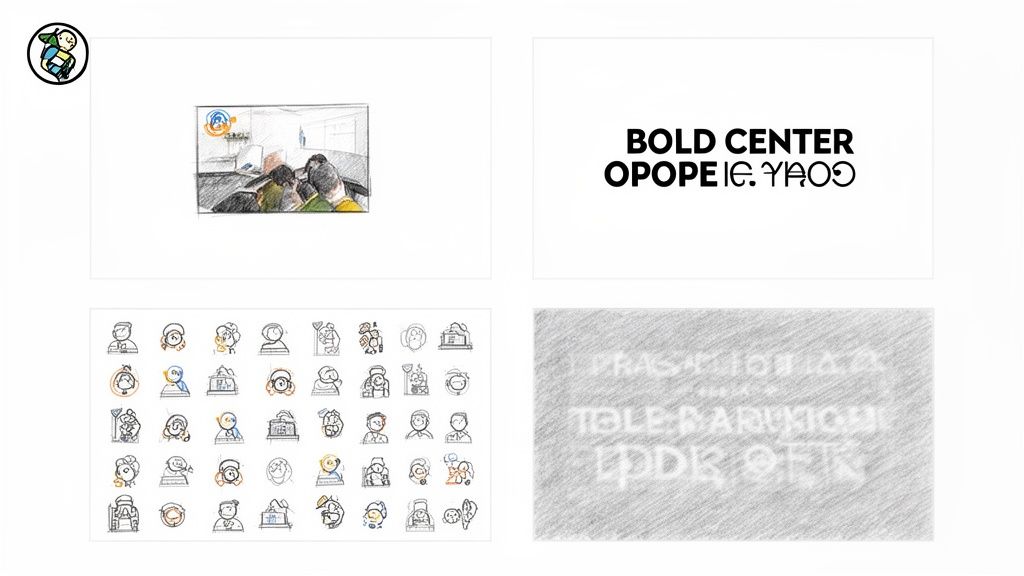 Four panels featuring a logo, office sketch, bold text, various hand-drawn icons, and obscured text.