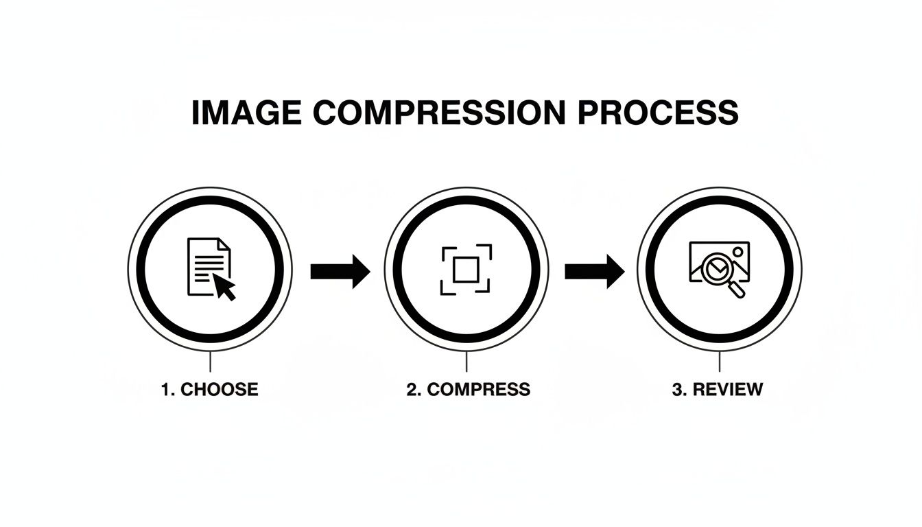 Flowchart illustrating the three-step image compression process: choose, compress, and review.