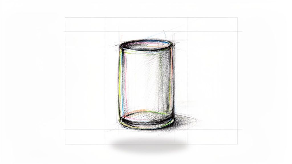 A colorful, artistic pencil sketch of a clear glass tumbler on a grid background with a shadow.