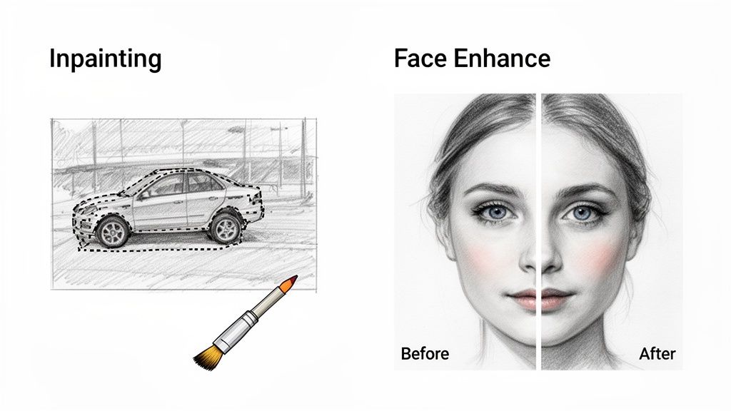 Demonstration of inpainting a car sketch and face enhancement on a woman's portrait.