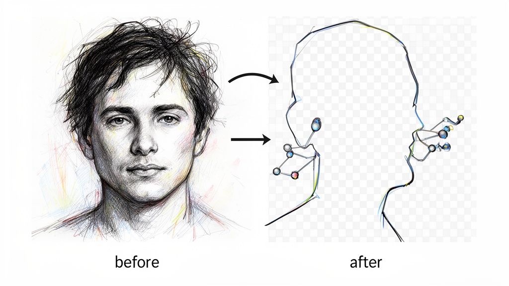 A detailed sketch of a man's face transforms into a simplified outline with connected nodes, demonstrating a background removal process.