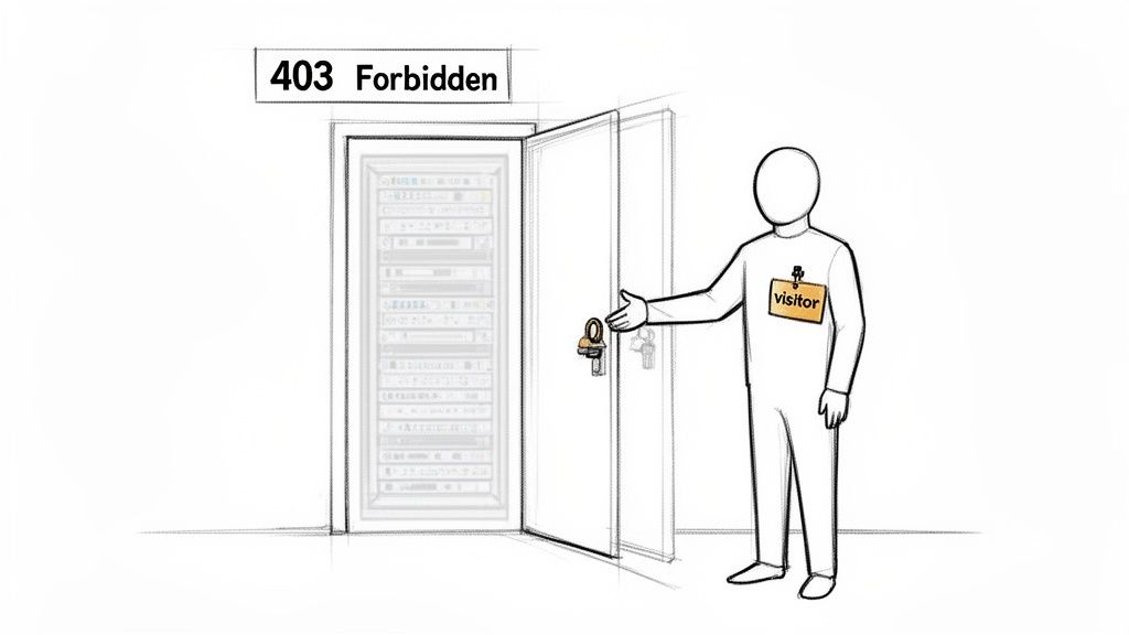 A person with a 'visitor' badge tries to open a locked server room door, symbolizing a 403 Forbidden error.