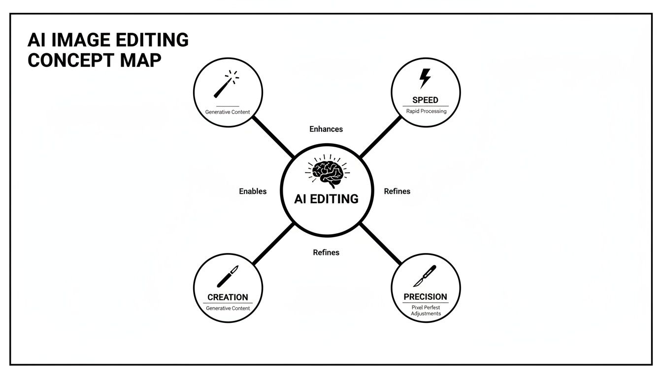 A concept map illustrating AI image editing, detailing its enhancement of generative content, speed, creation, and precision.