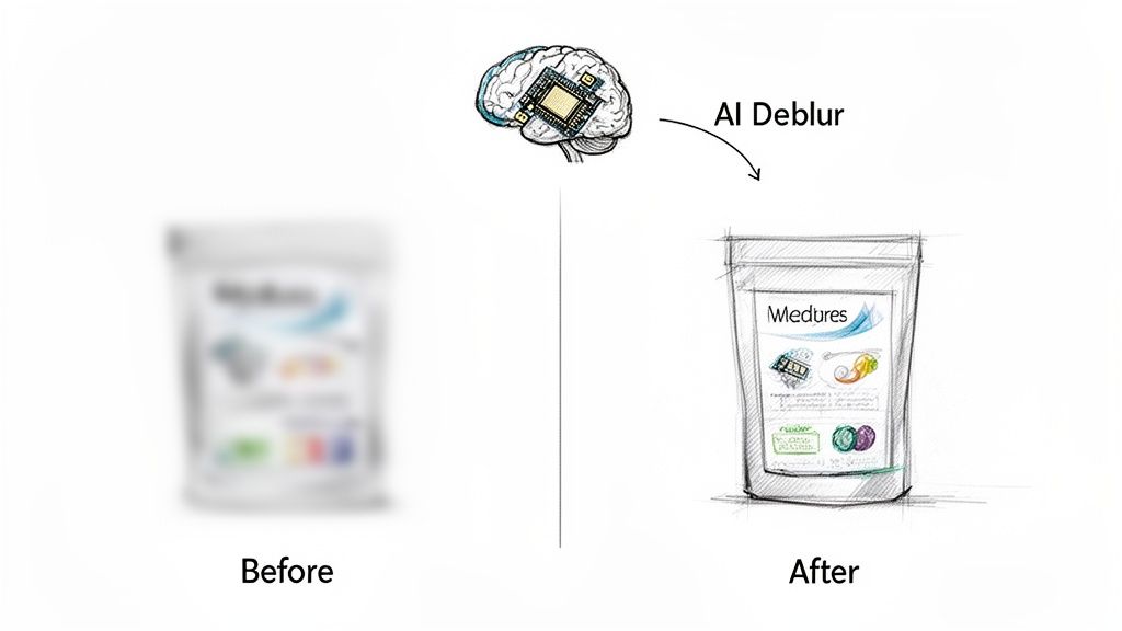 AI deblurring transforms a blurry product bag into a clear sketch, showing before and after.