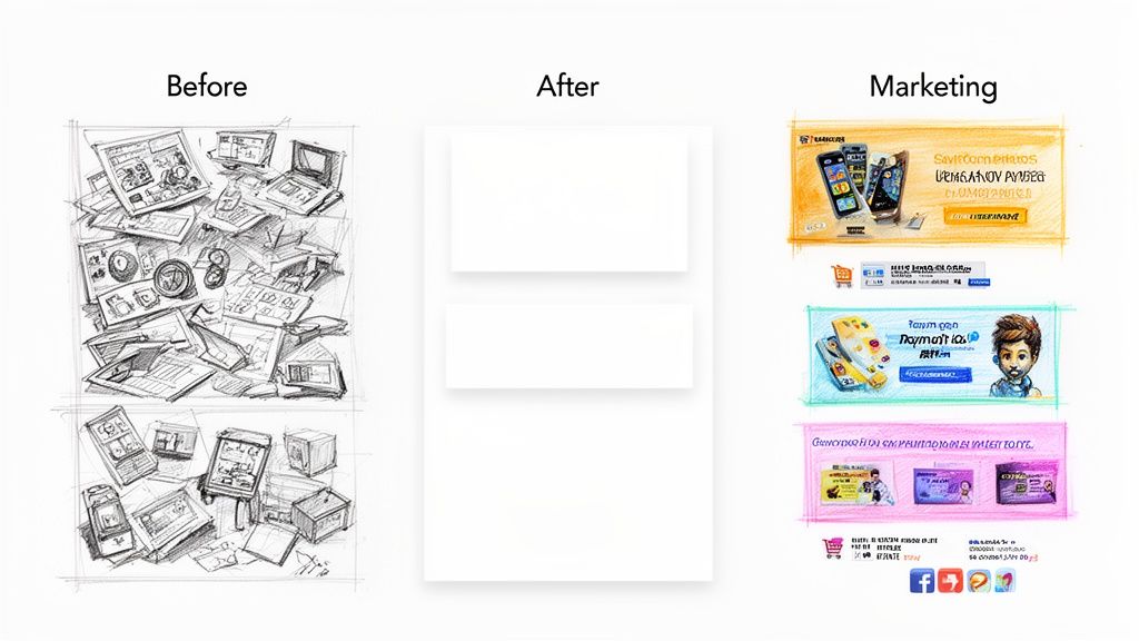 Sketch showing messy digital devices before, clean layouts after, and colorful marketing ads.