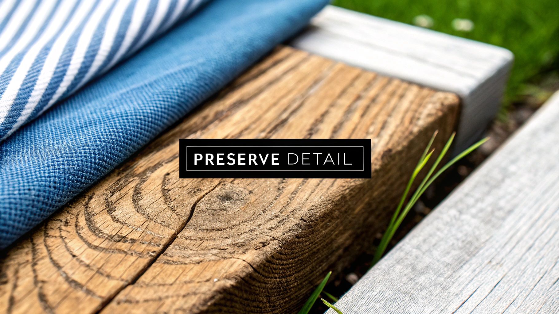 Close-up of blue and white striped fabric next to wood, with 'PRESERVE DETAIL' text overlay.