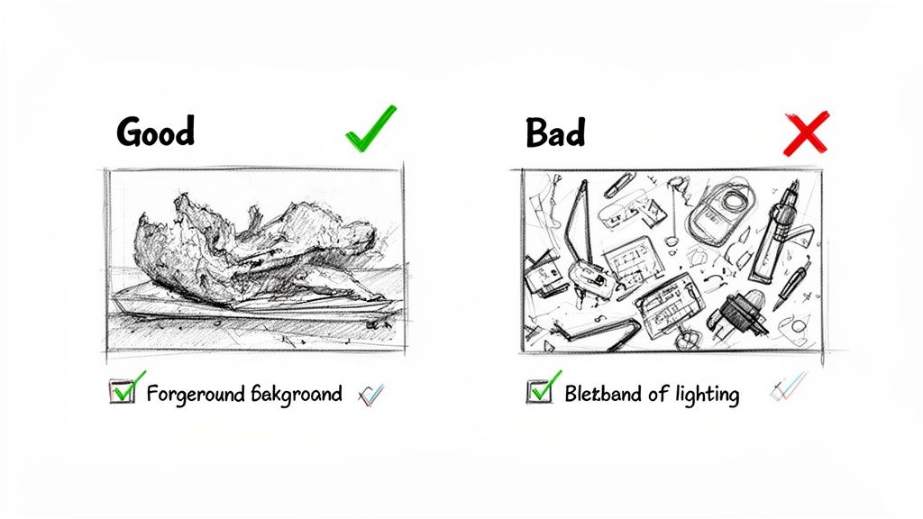 A visual comparison of good versus bad image composition, showing focused versus cluttered scenes.