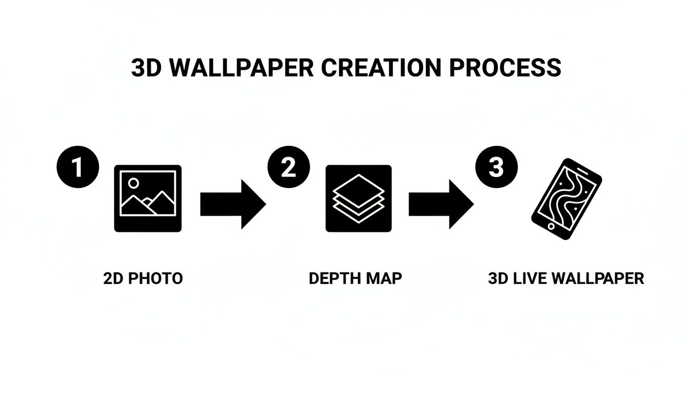 Infographic showing the 3D live wallpaper creation process: 2D photo to depth map to 3D live wallpaper.