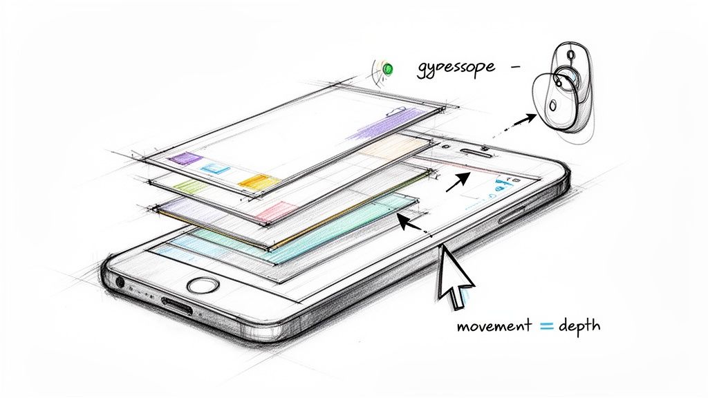 Sketch of a smartphone showing layered app interfaces, demonstrating 3D depth using gyroscope movement.