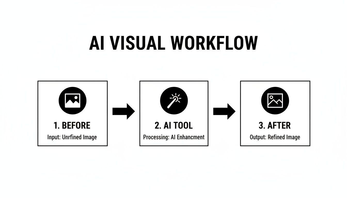 A diagram illustrating an AI visual workflow, showing an unrefined image processed by an AI tool for enhancement, yielding a refined image.