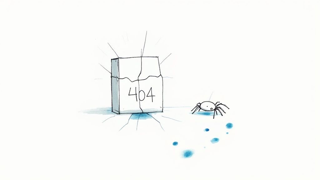 A hand-drawn illustration of a cracked block displaying '404' next to a surprised spider and blue splatters.
