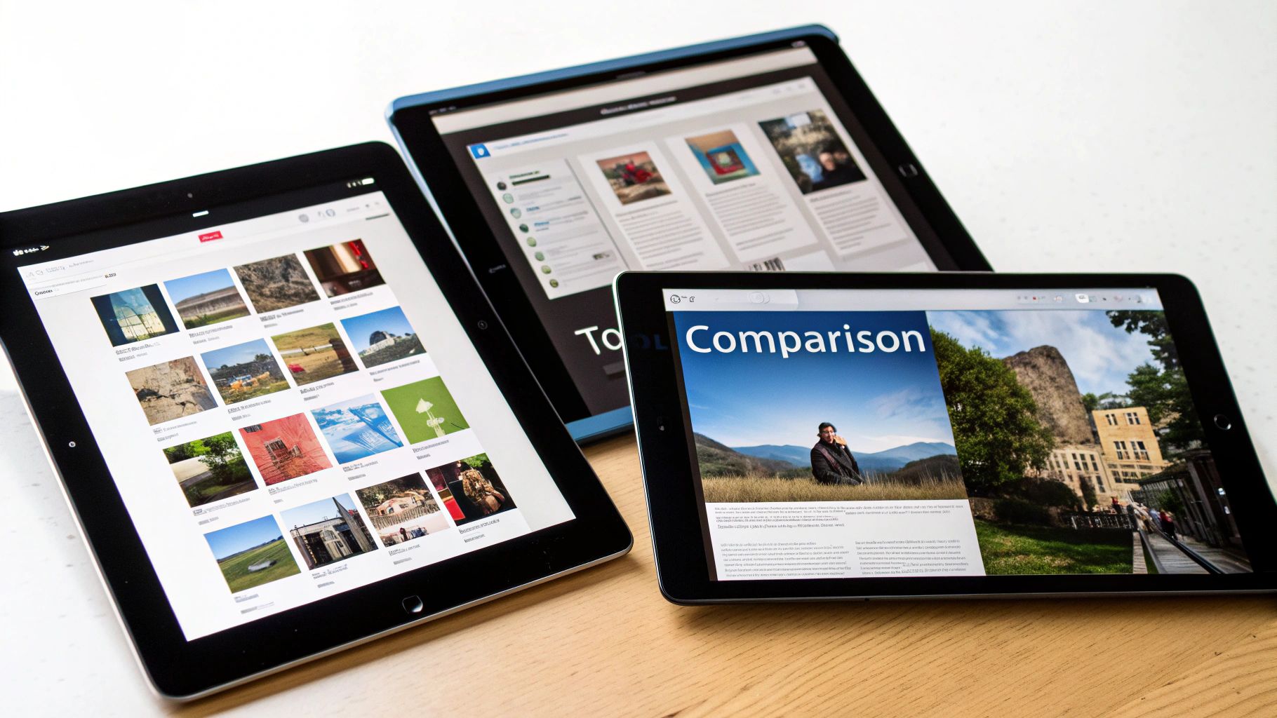 Three tablets on a wooden table, displaying various digital content like image galleries and articles.