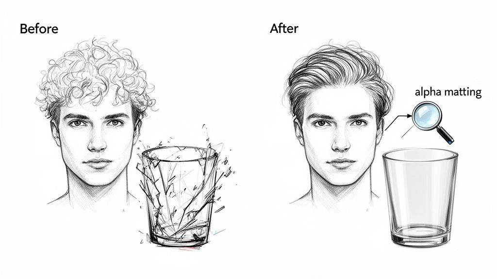 Image demonstrating alpha matting with before (curly hair, broken glass) and after (neat hair, clear glass).