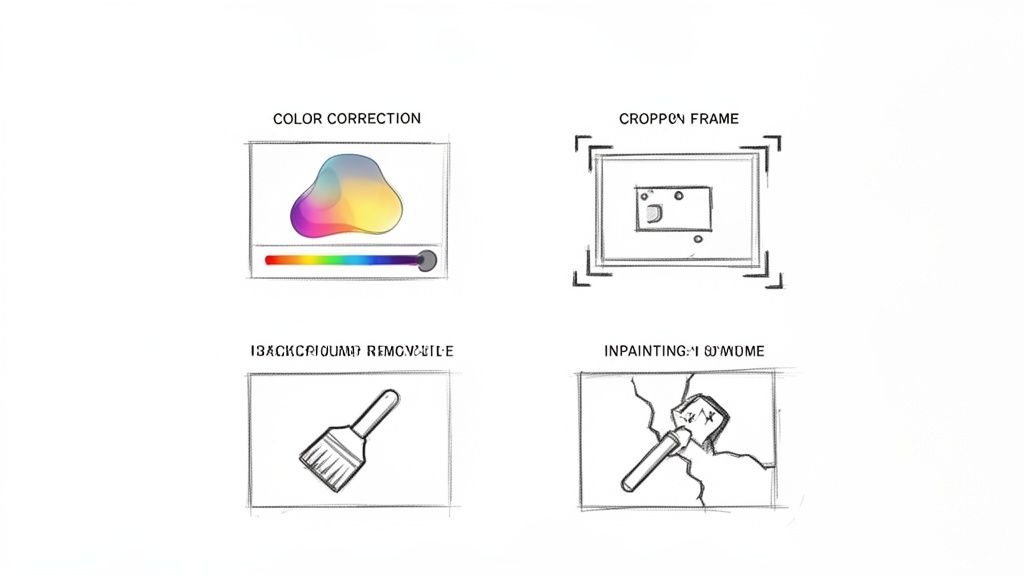 Sketches illustrating four photo editing features: color correction, cropping, background removal, and inpainting.