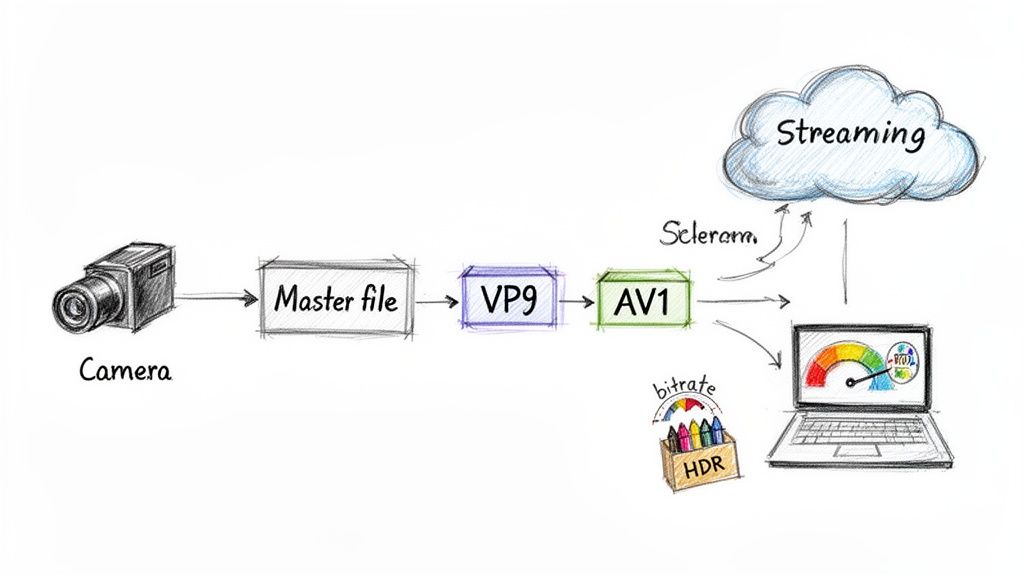 Diagram illustrating a video encoding workflow from camera to master file, then VP9 and AV1 codecs, and finally streaming and a laptop.