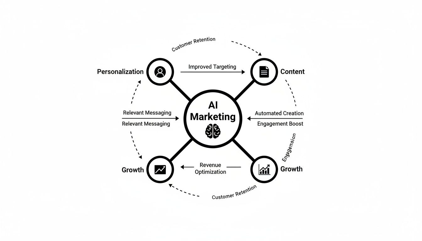 Diagram showing AI Marketing driving a cycle of personalization, content, and growth for improved customer retention.