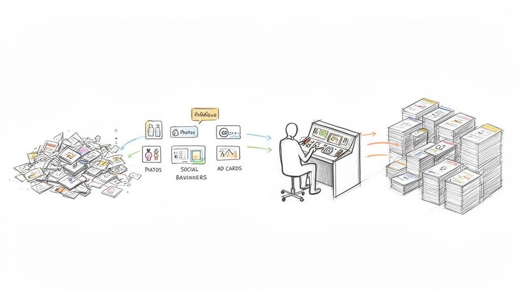 Visual workflow of raw assets transformed into organized photo, social banner, and ad card stacks.