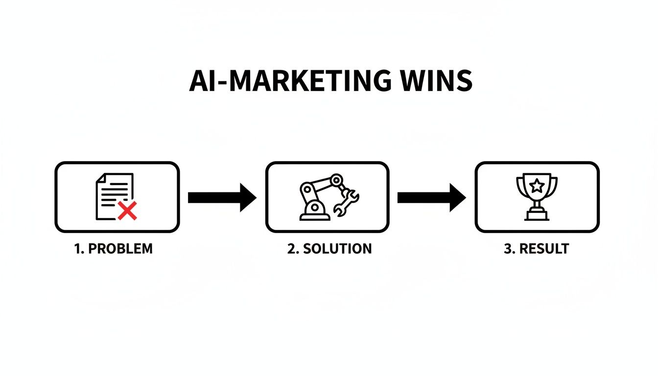 Flowchart illustrating AI marketing as a solution resolving problems and achieving wins.