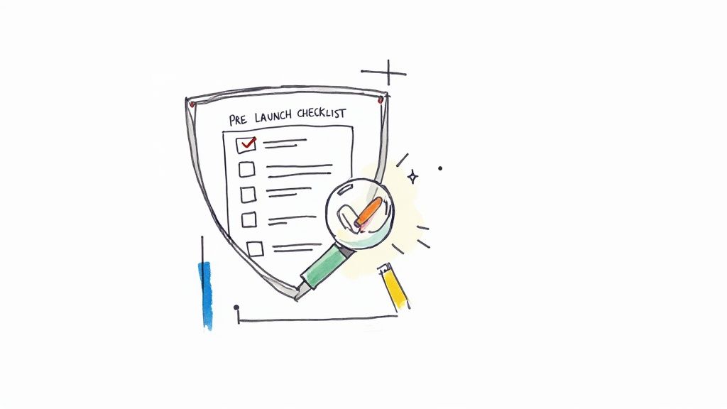 A hand-drawn pre-launch checklist with one item checked, being reviewed by a magnifying glass.