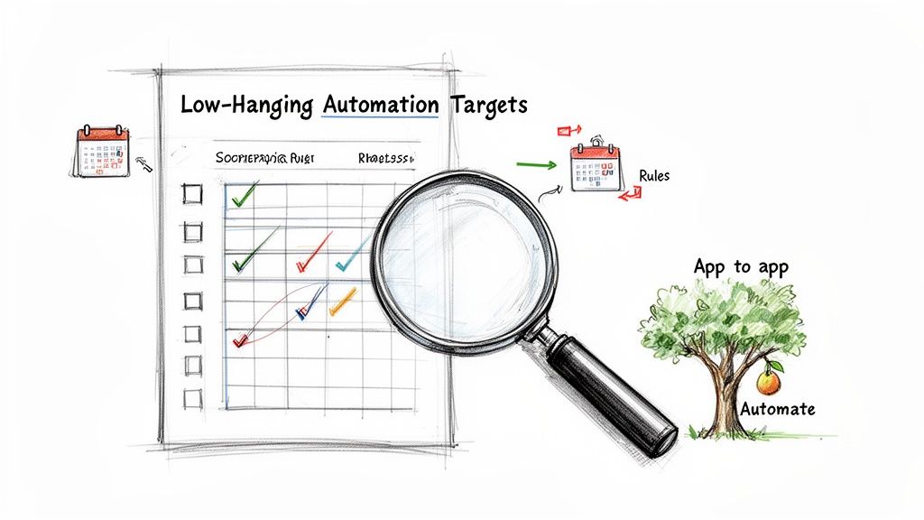 Illustration showing a checklist, magnifying glass, calendar rules, and a tree with 'Automate' for low-hanging automation targets.