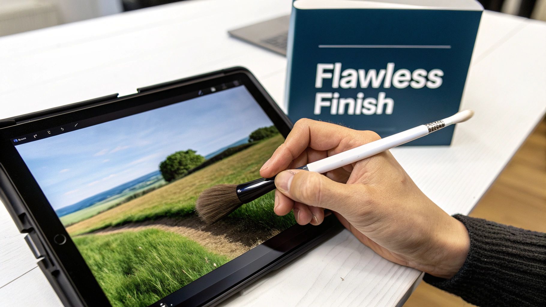 A person's hand uses a physical brush over a tablet screen displaying a beautiful landscape.