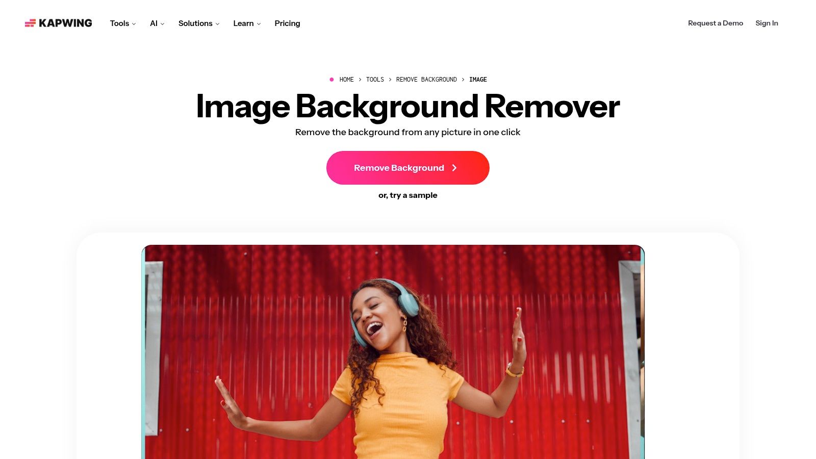 A user interface of the Kapwing tool showing a photo of a dog with its background removed.