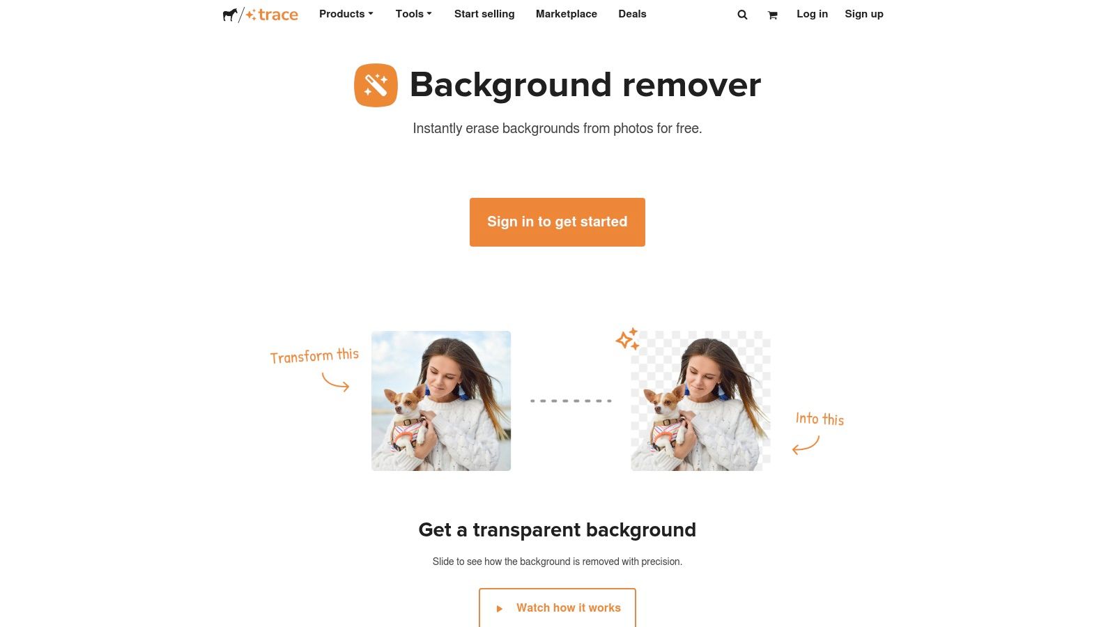 A user interface showing a photo of an orange before and after background removal using Trace by Sticker Mule.