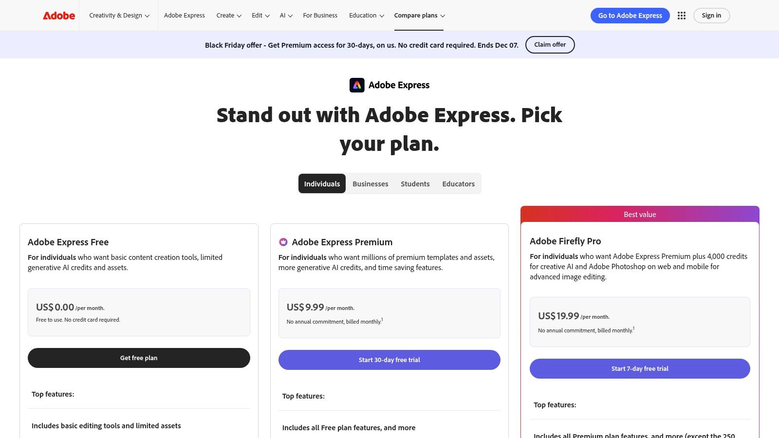 A screenshot of the Adobe Express pricing page, displaying the Free and Premium plan options and the features included in each.