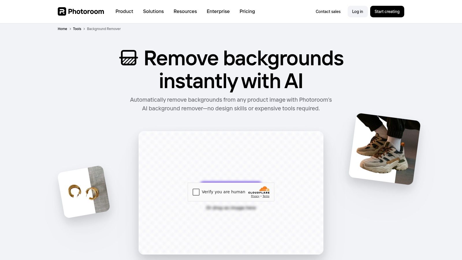The user interface of PhotoRoom's background removal tool showing a product image before and after processing.