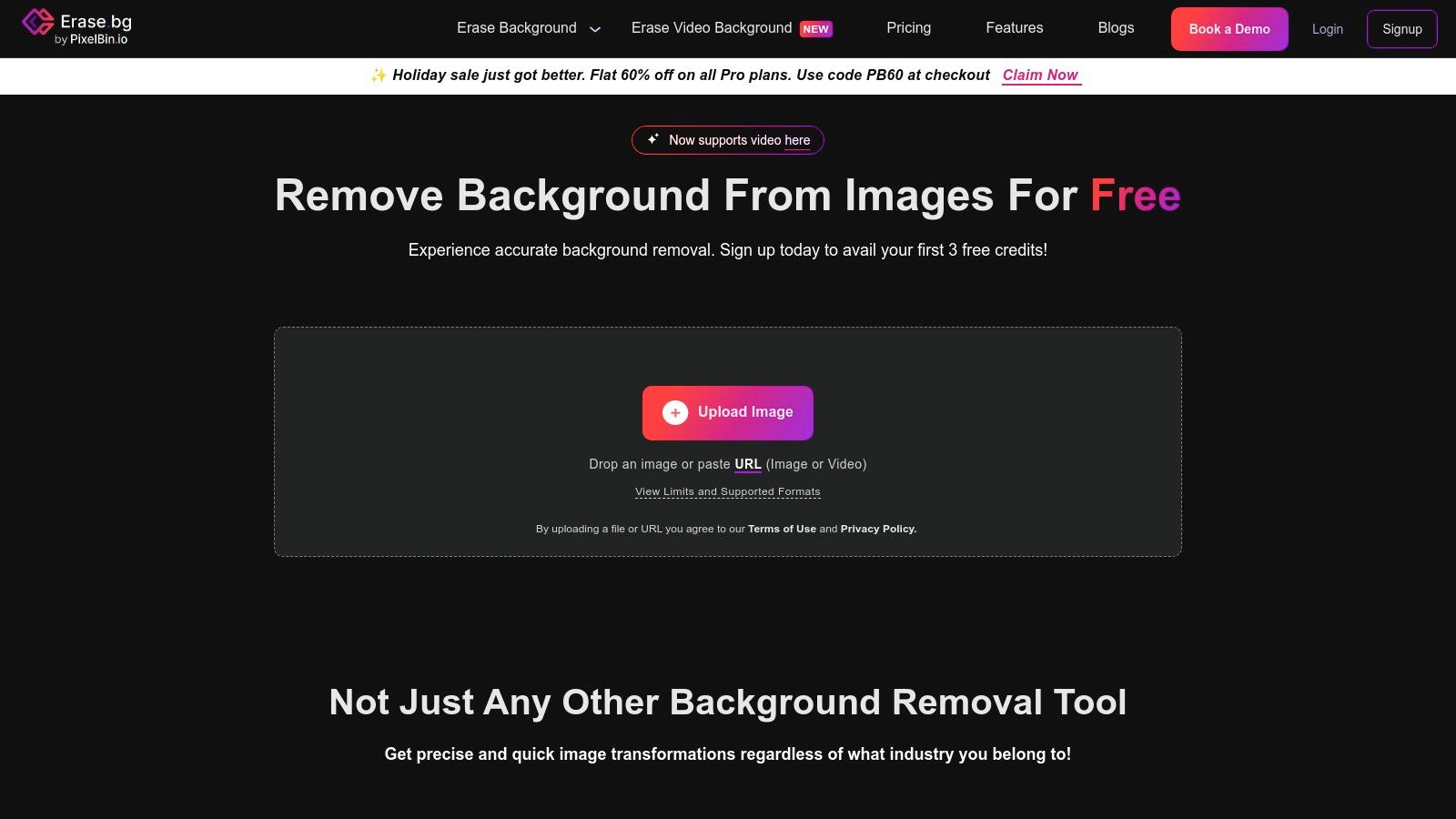 A user interface showing an image of a person before and after background removal using Erase.bg's tool.