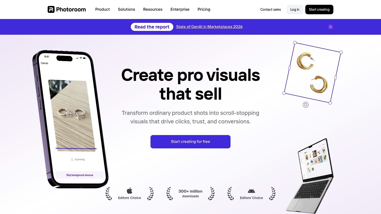 A screenshot of the Photoroom user interface showing a product with its background removed and placed into a new, stylized scene.