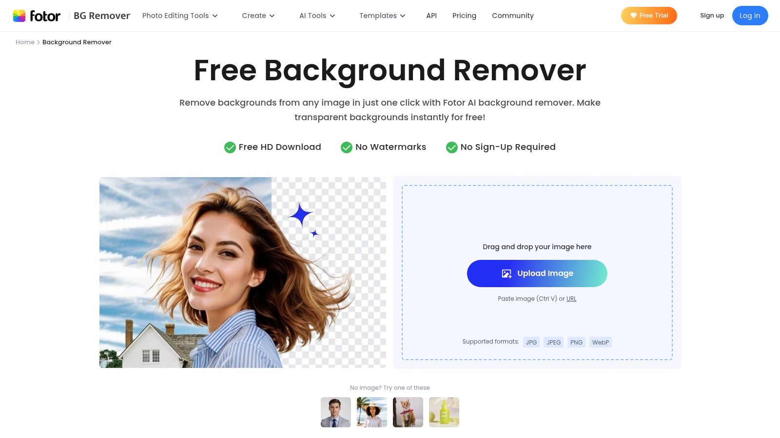 The Fotor background remover interface showing a product photo with its background successfully removed.