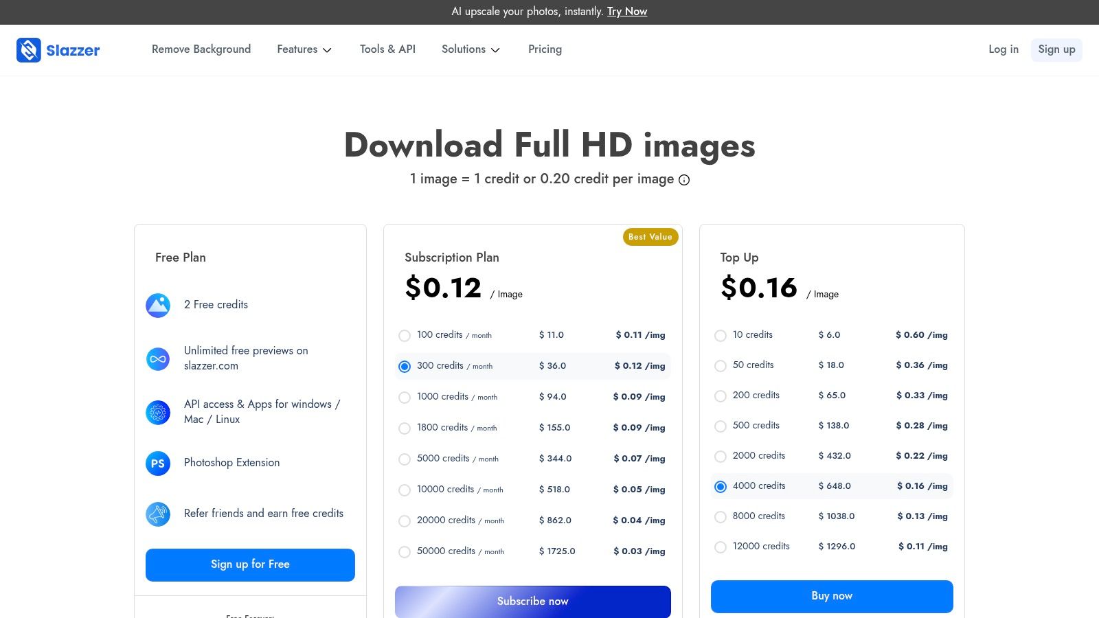 A screenshot of Slazzer's pricing page, detailing its subscription plans and pay-as-you-go credit packs with per-image cost breakdowns.
