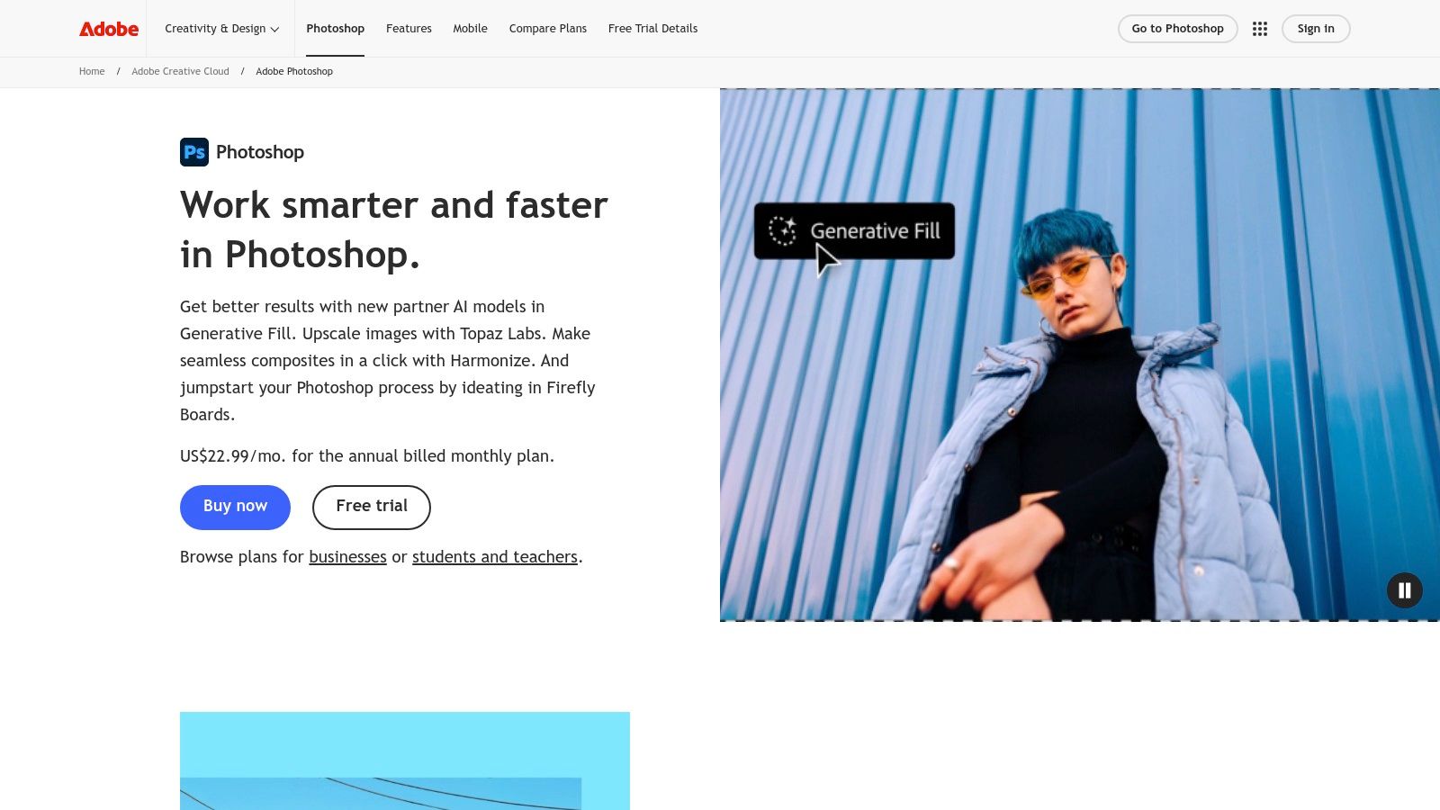 An image showcasing Adobe Photoshop's Generative Fill feature, where a user is extending the background of a portrait shot.