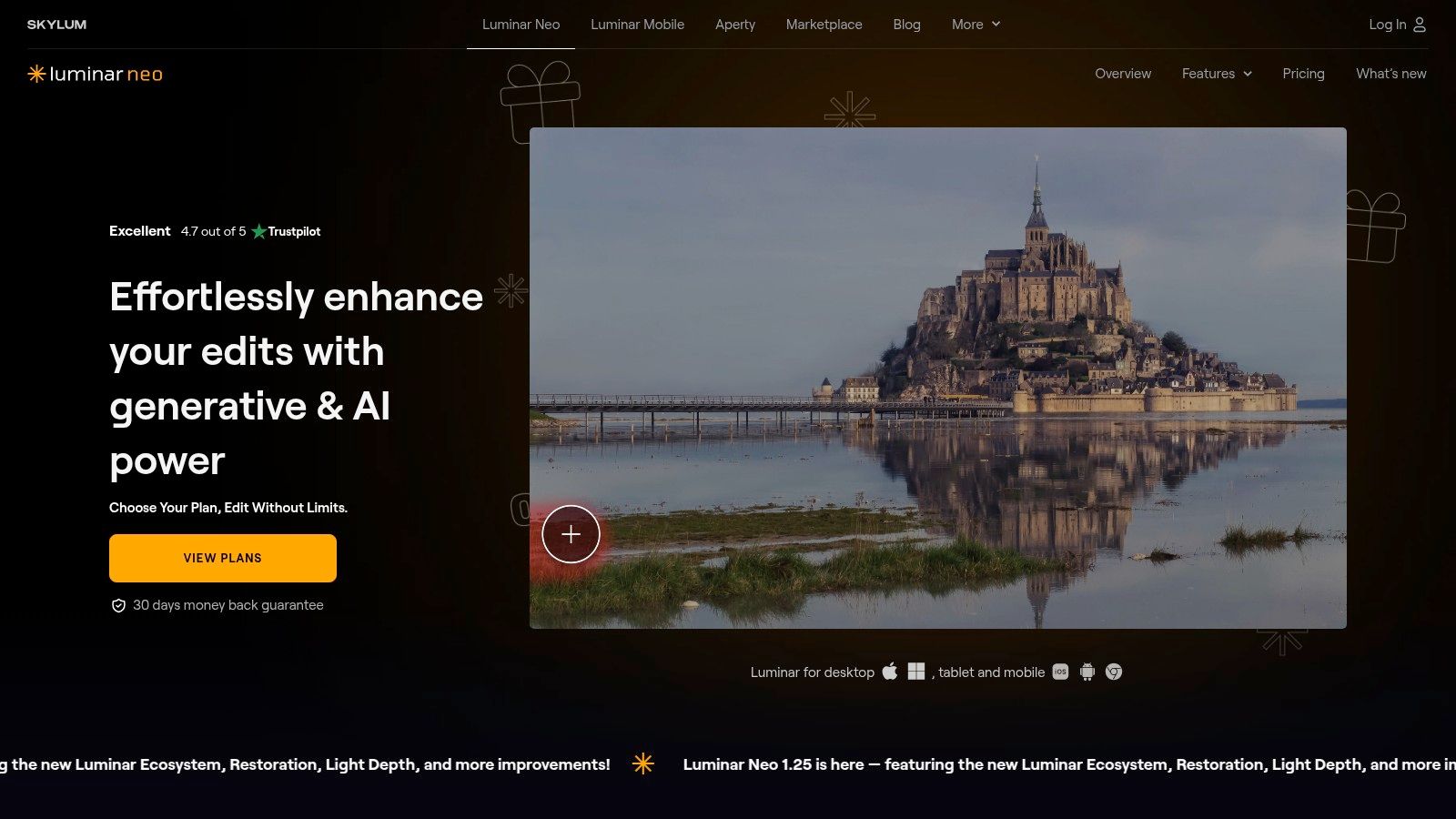 An image showcasing Skylum Luminar Neo's SkyAI feature, replacing the sky over Mont Saint-Michel with a more dramatic, colorful one.