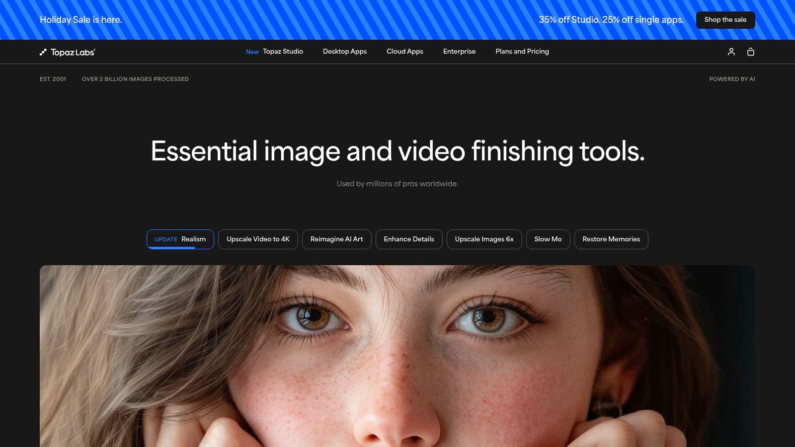 A split-screen comparison showing a blurry, low-quality image of a bird being enhanced into a sharp, clear photo using Topaz Photo AI.