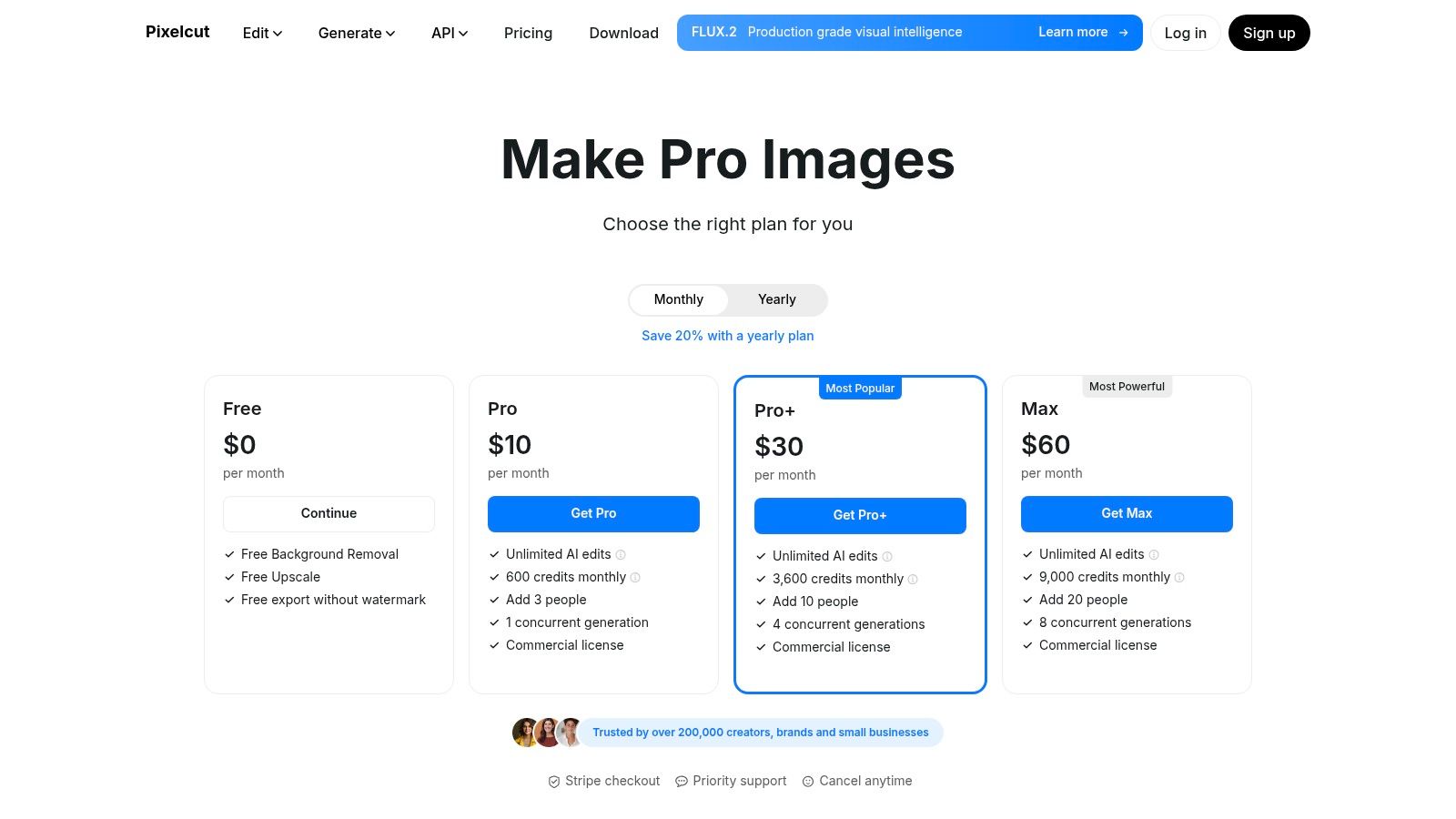 A screenshot of the Pixelcut pricing page showing a free plan, a Pro plan, and a Business plan with features and monthly/yearly costs.