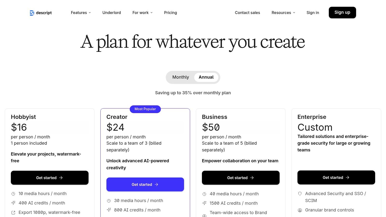 Descript Pricing Plans