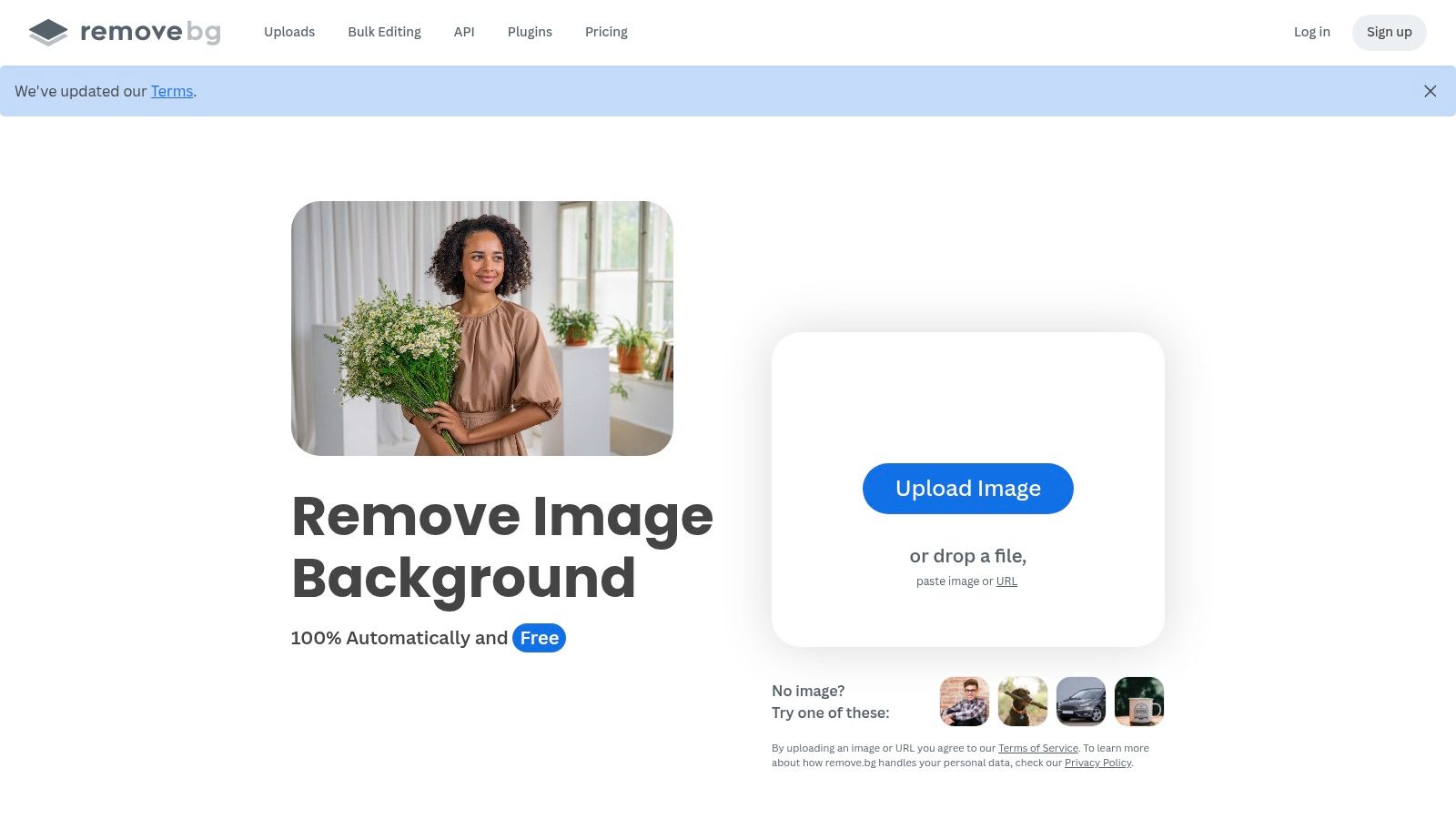 A user interface showing a woman's photo before and after background removal using remove.bg's tool.