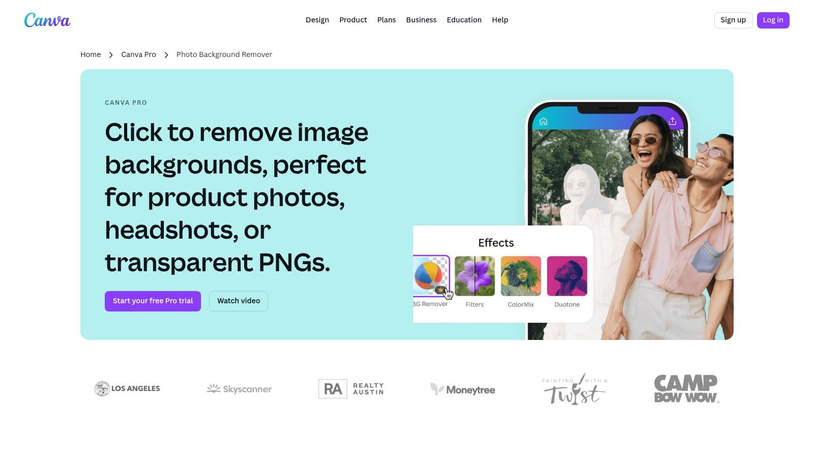 A screenshot showing the Canva editor interface with the "Background Remover" button highlighted, demonstrating its one-click functionality on a product image.