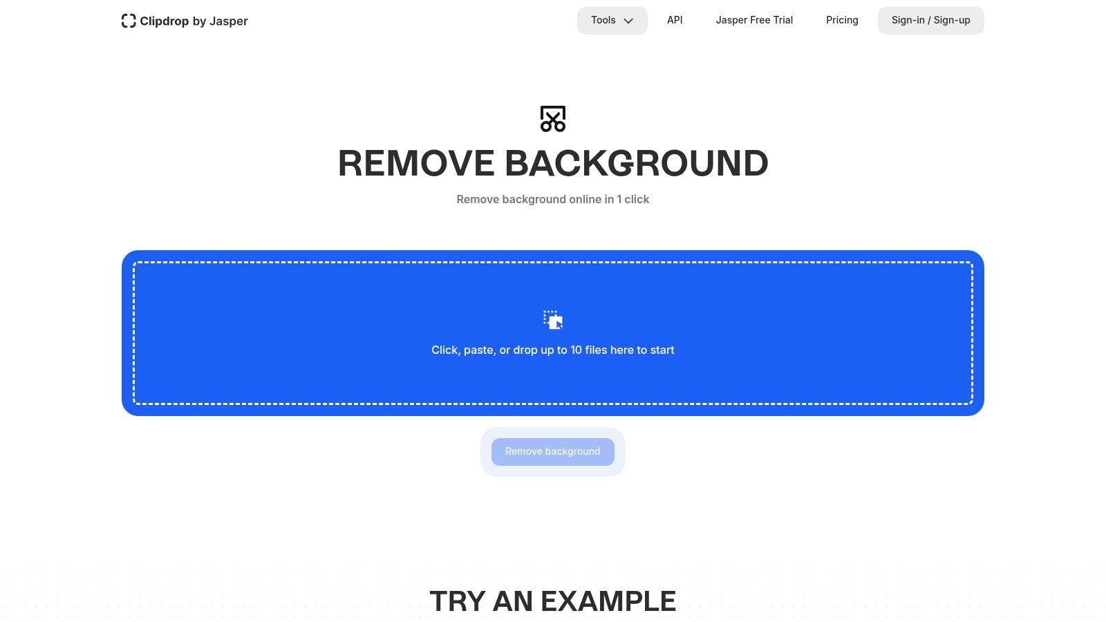 A user interface showing a photo of a small dog before and after its background is removed using Clipdrop's tool.